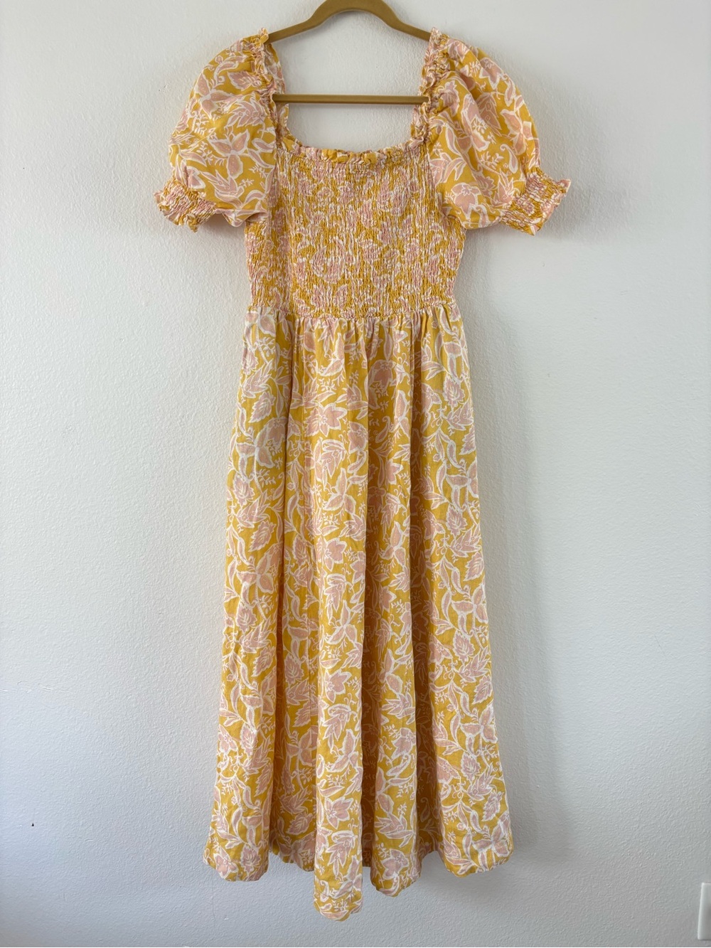Boden Linen Maxi Dress Puff Sleeve Yellow Floral Smocked Square Neck Pockets 10R - Picture 2 of 8